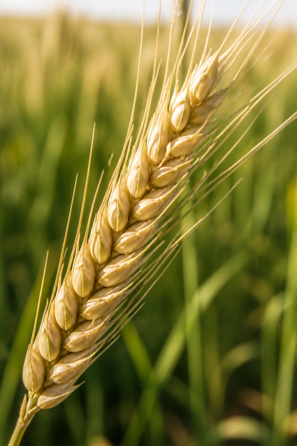 Medium close-up of a wheat head showing kernels and husk against blurred field