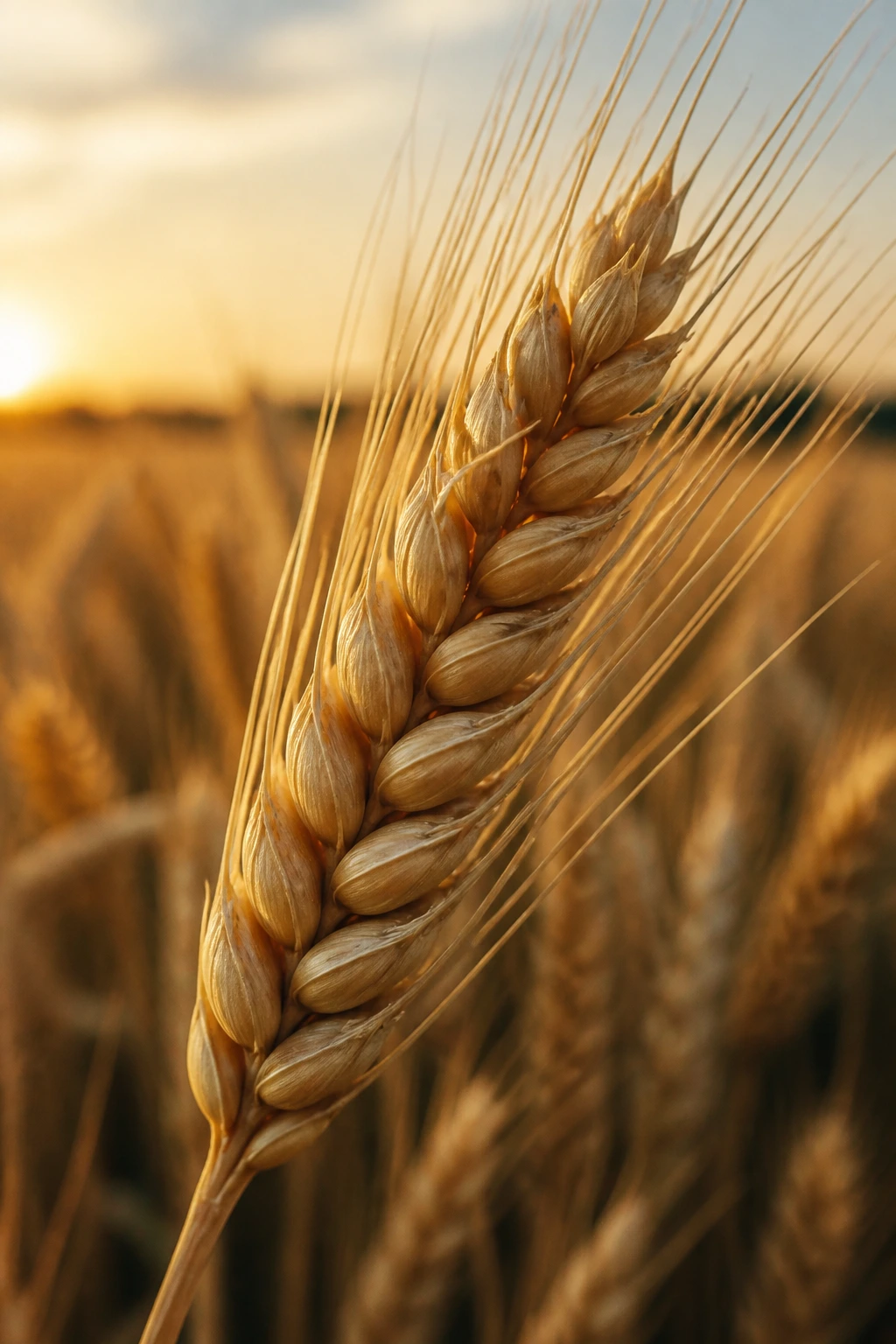 Close-up of a single wheat head with kernels and awns in a sunlit field