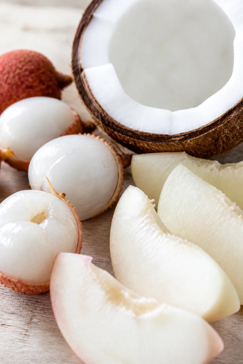 Halved coconut, lychee, and white peach slices showing white flesh