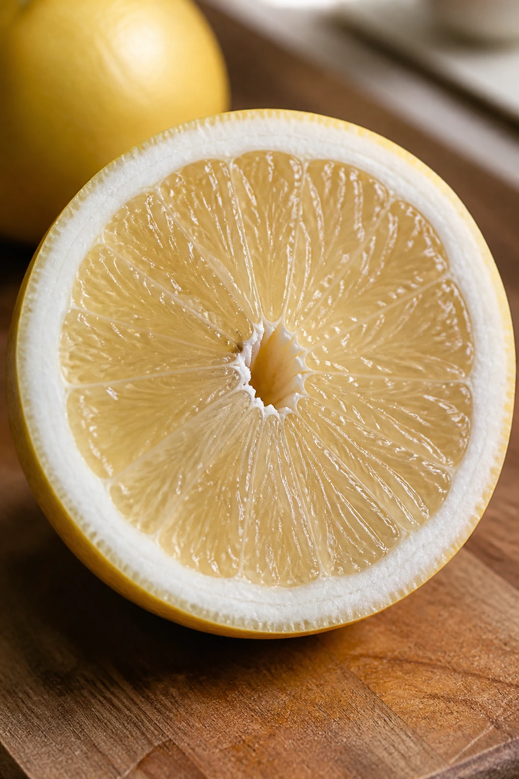Cross-section of white grapefruit showing segmented flesh and juice vesicles