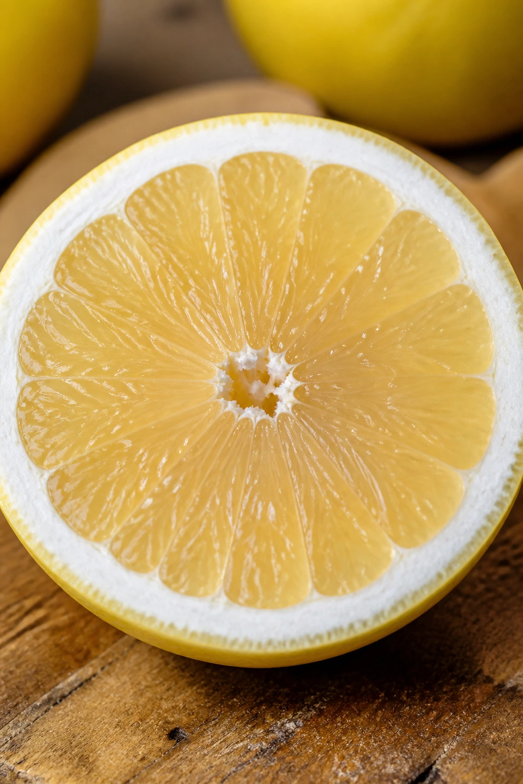 Close-up of halved white grapefruit showing pale yellow flesh and rind texture