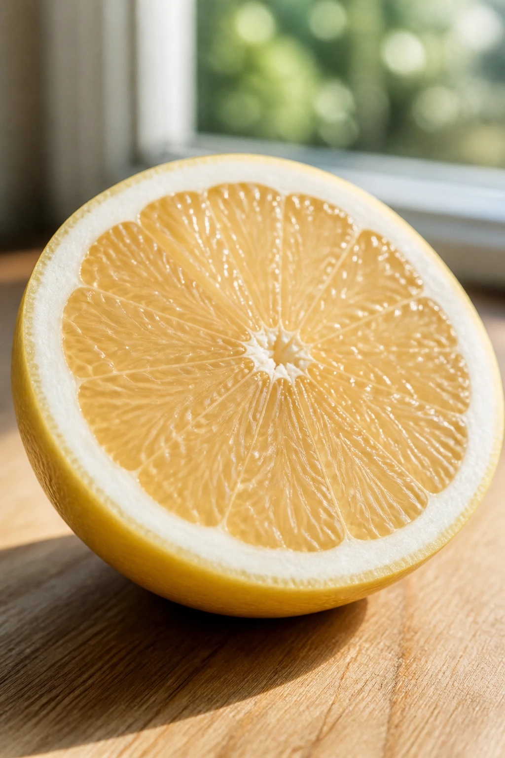 Close-up white grapefruit half on wooden counter highlighting health benefits