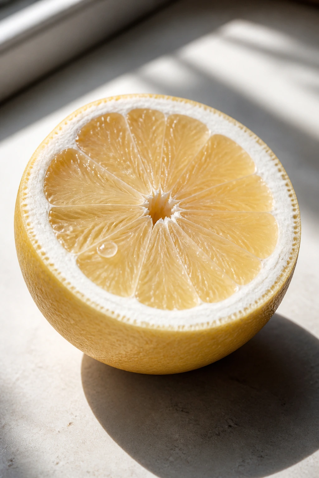 Halved white grapefruit showing few juice droplets on pale flesh