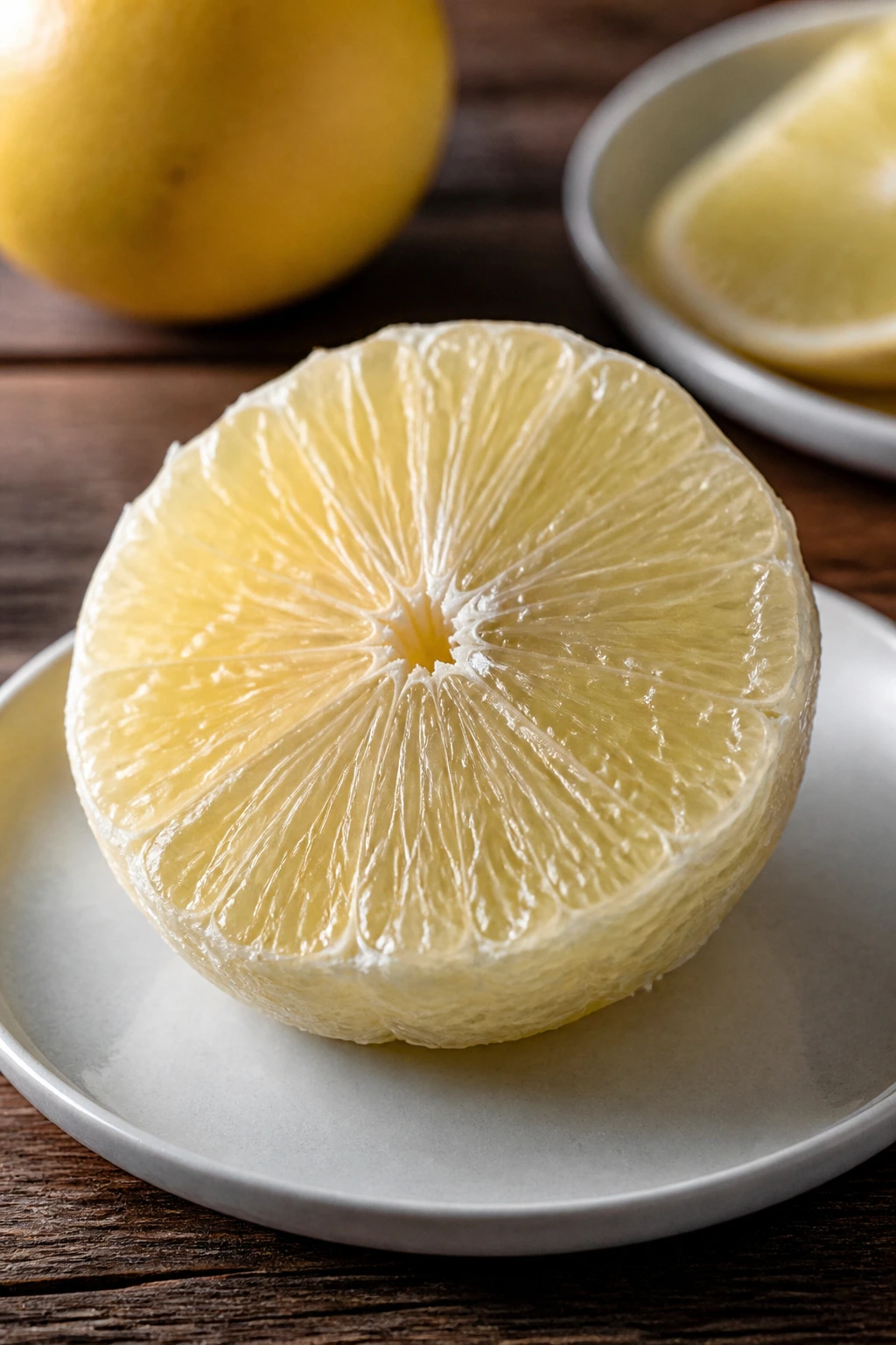 Peeled white grapefruit half on plate ready to add to meals