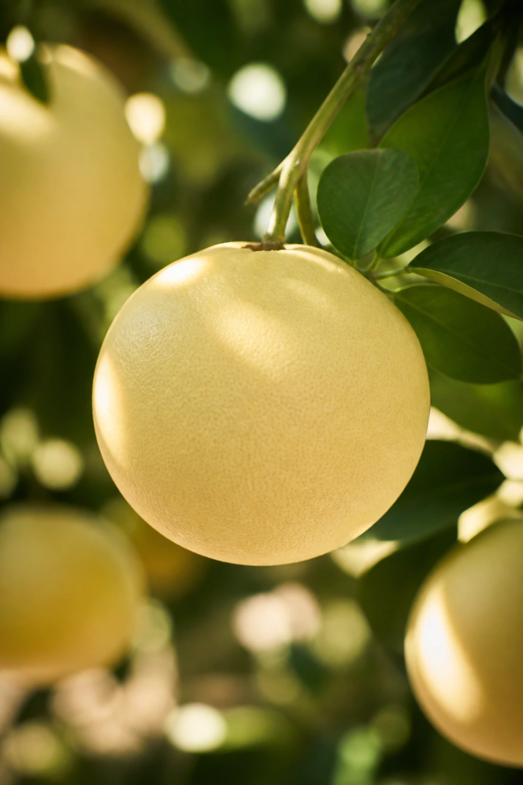 White grapefruit on branch in sunlit orchard