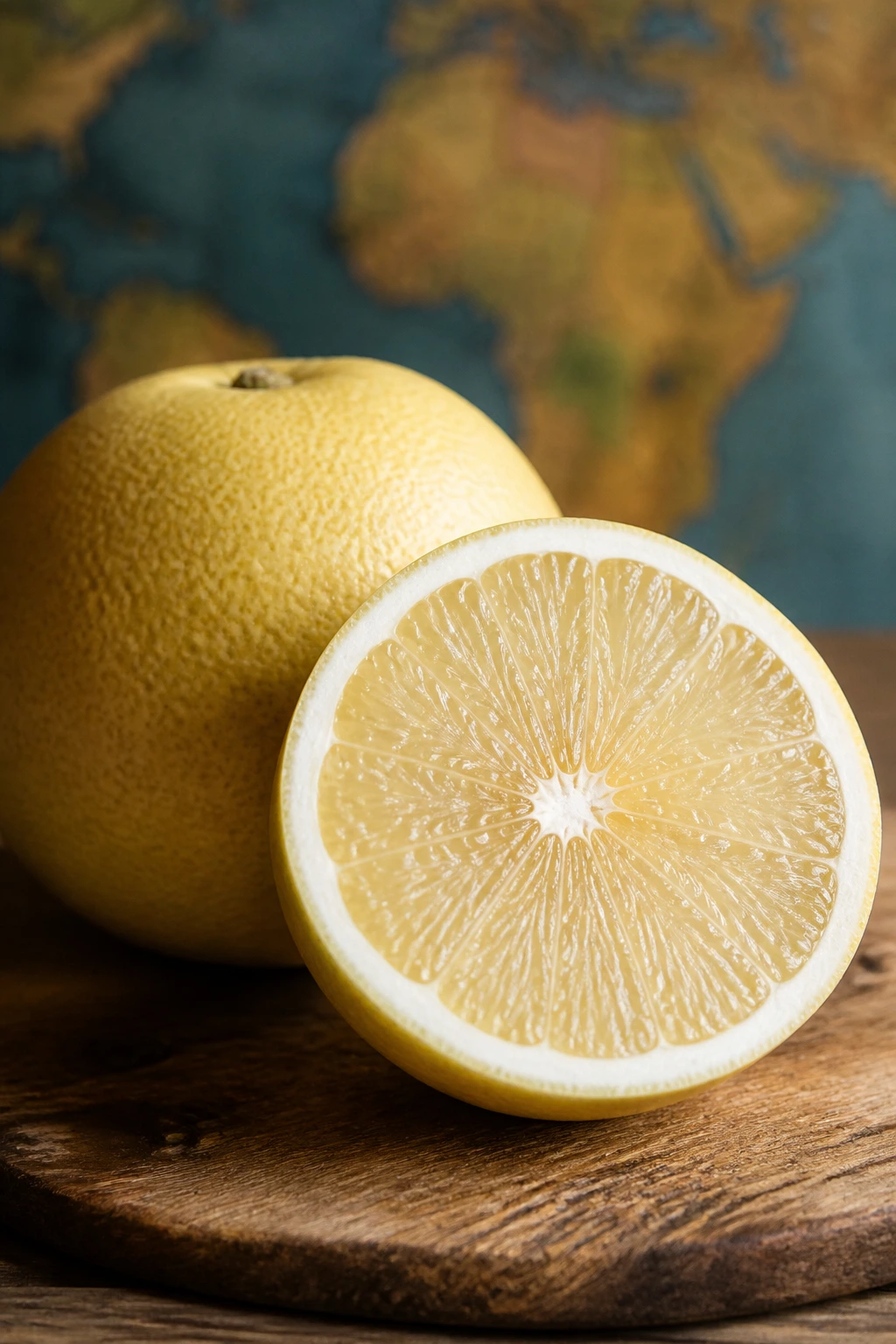 White grapefruit with world-map background suggesting origins and spread