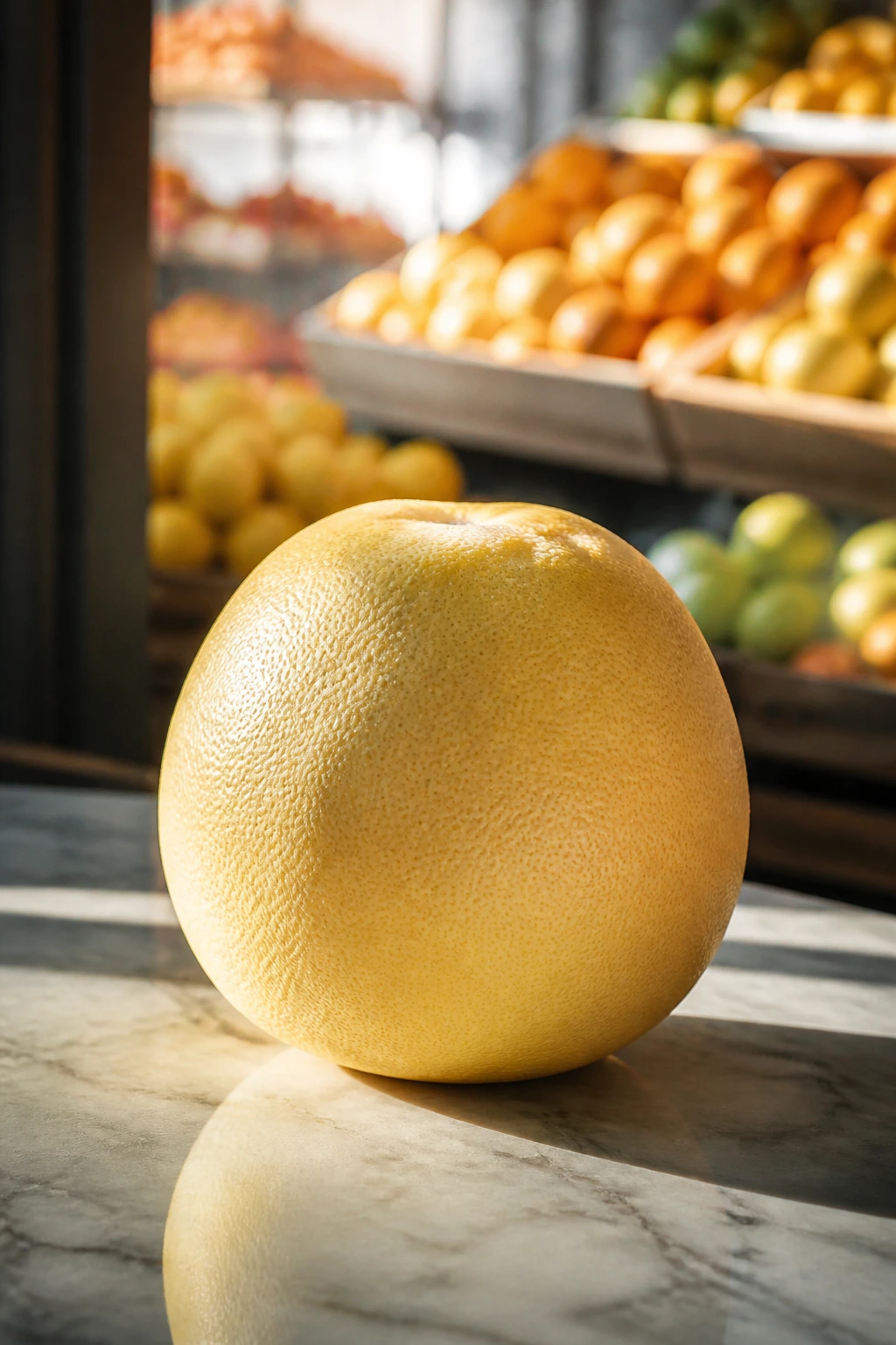Single white grapefruit on a sunlit kitchen counter suggesting year-round availability