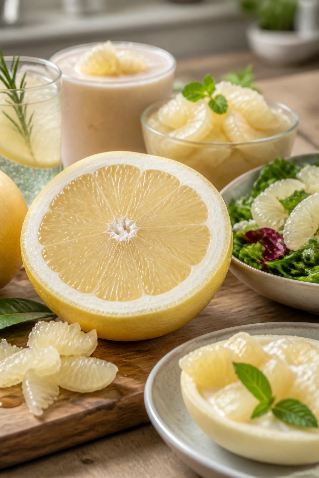 Close-up halved white grapefruit on cutting board highlighting versatility
