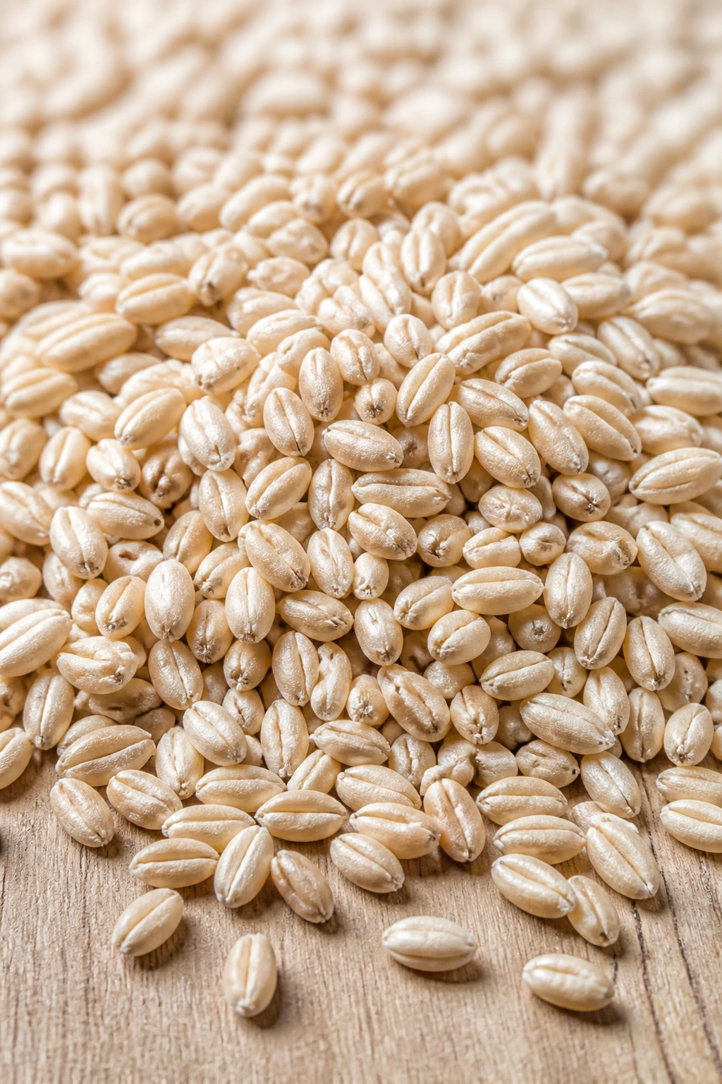 Red Wheat vs White Wheat: Understanding the Differences 2 Close-up of pale white wheat grains on a light wood surface