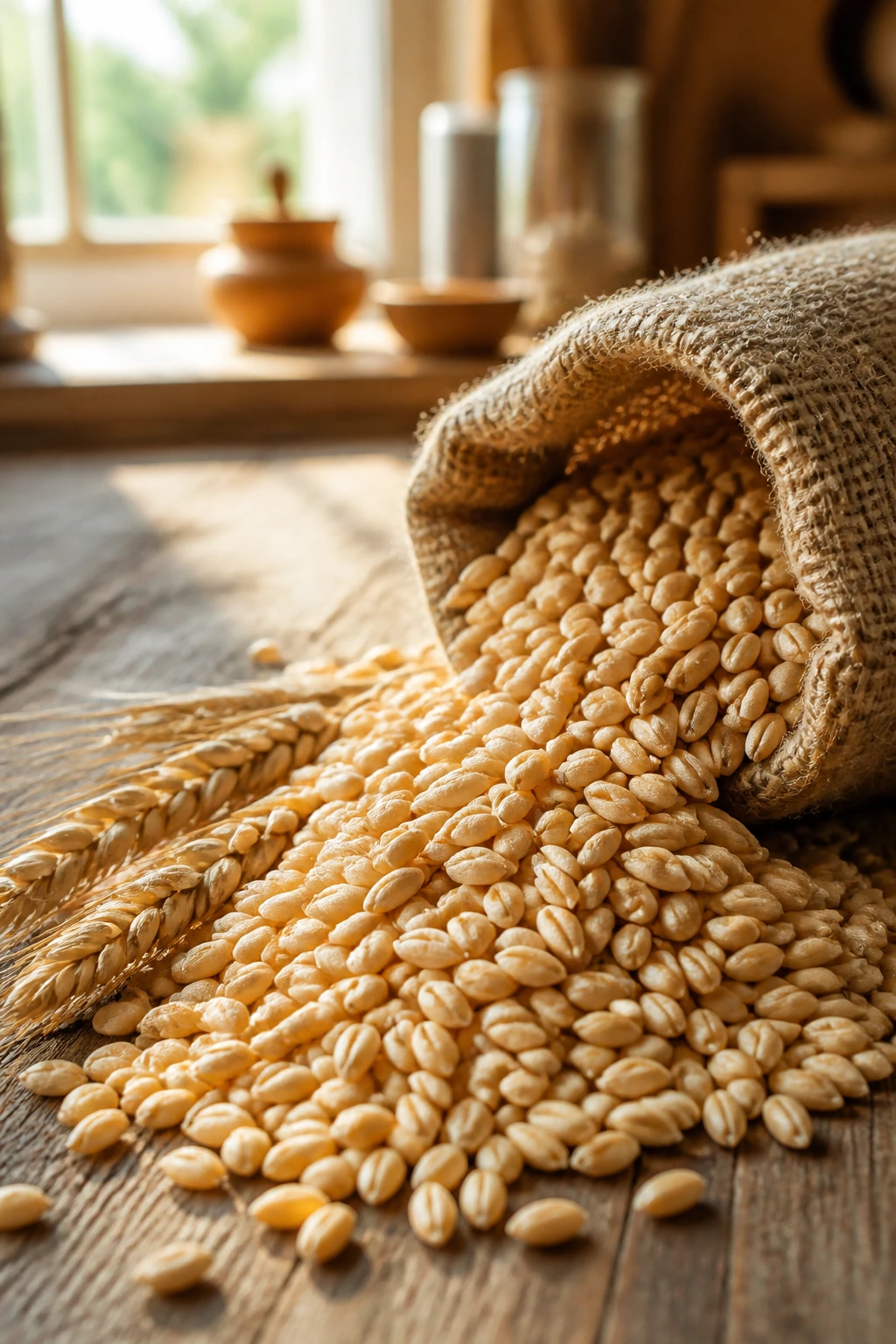 Red Wheat vs White Wheat: Understanding the Differences 7 Close-up of white wheat kernels spilling from a burlap sack on a wooden table