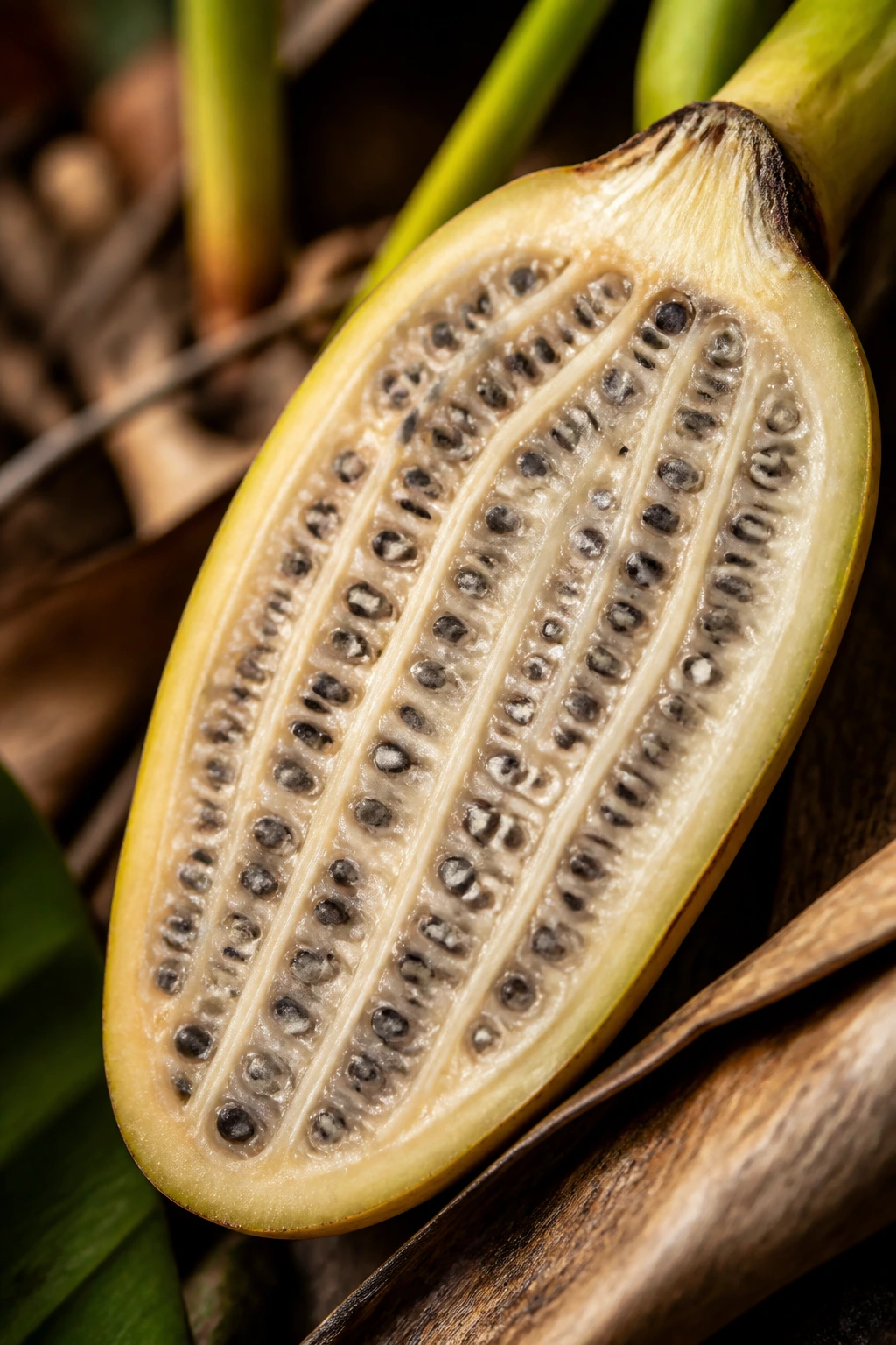 The Anatomy of Banana Seeds: What Do Banana Seeds Look Like? 5 Wild banana cross-section with many seeds in locules