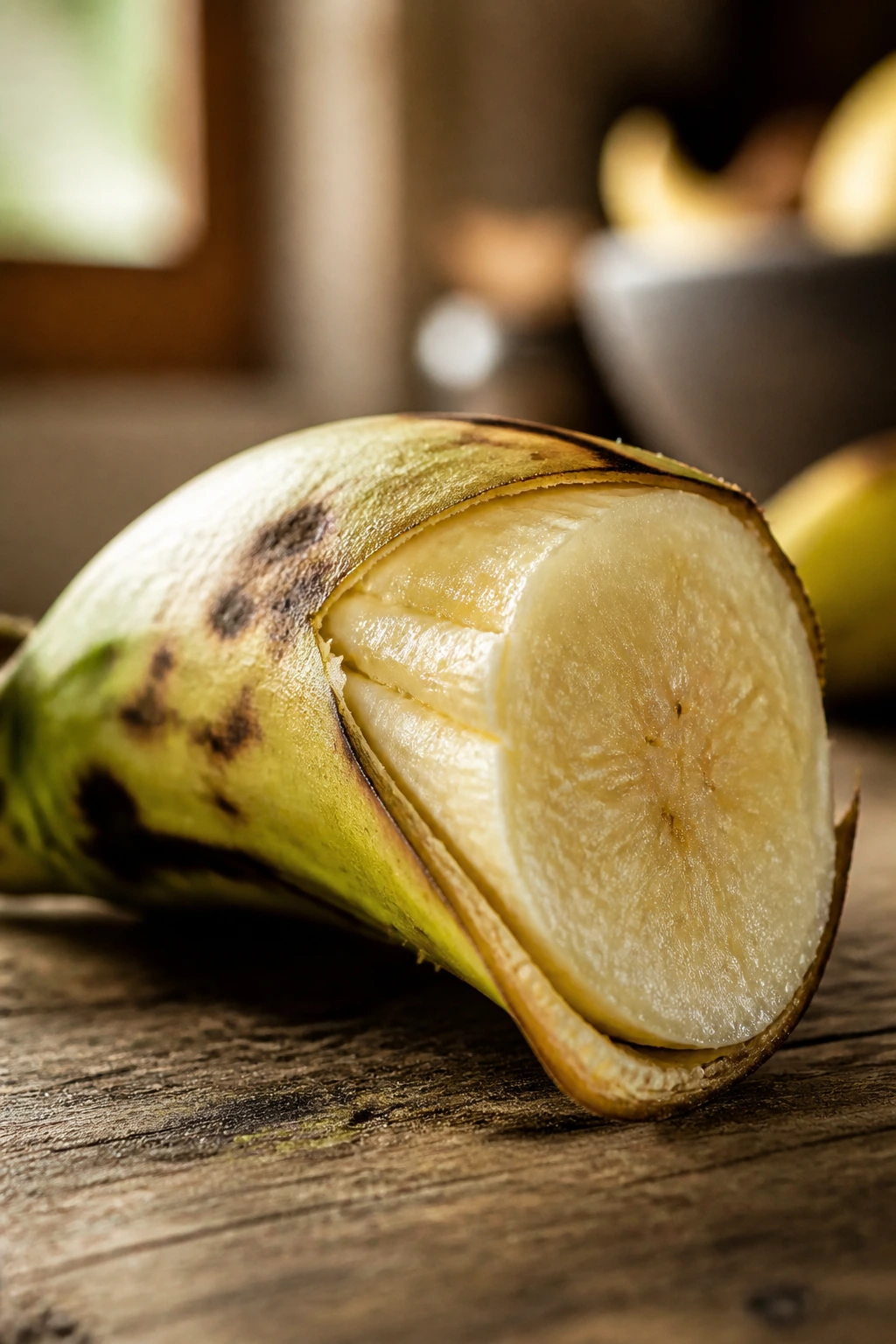 Are Wild Bananas Edible and Safe to Eat? 2 Peel-back view of a wild banana fruit on a wooden surface in a warm kitchen.