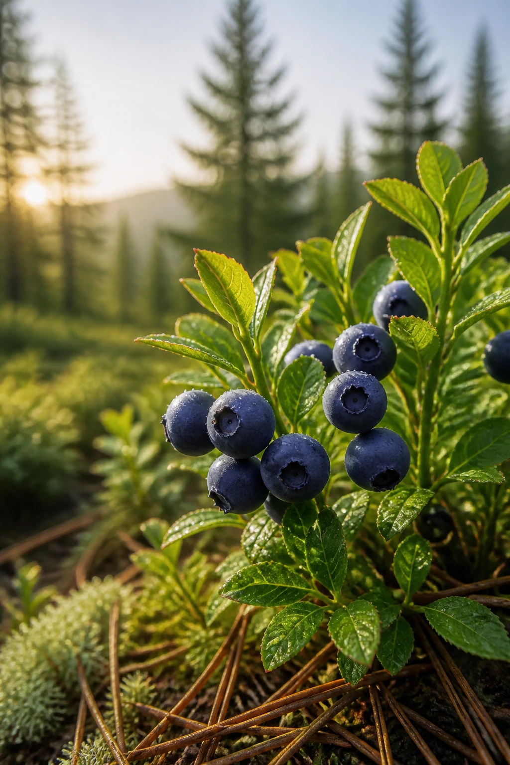 12 Interesting Fun Facts About Blueberries 9 Wild blueberries on a branch with a Maine forest backdrop