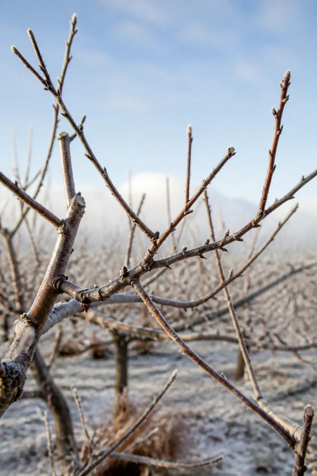 How To Prune A Fruit Tree To Keep It Small And Healthy 2 Bare winter fruit tree branches in a frost-dusted orchard.