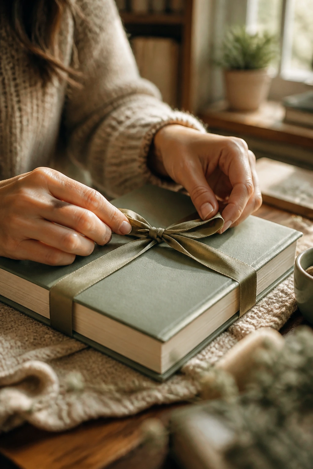 Hands tying a ribbon around a book, symbolizing closure