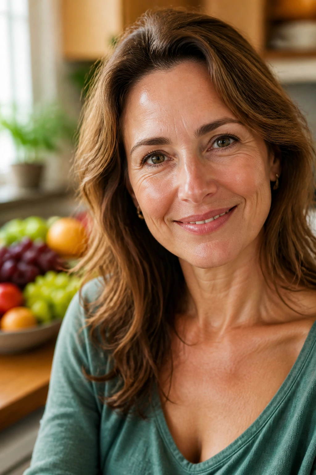 Close-up portrait of a real woman in a kitchen, suggesting a wrap-up about fruit-based vein health
