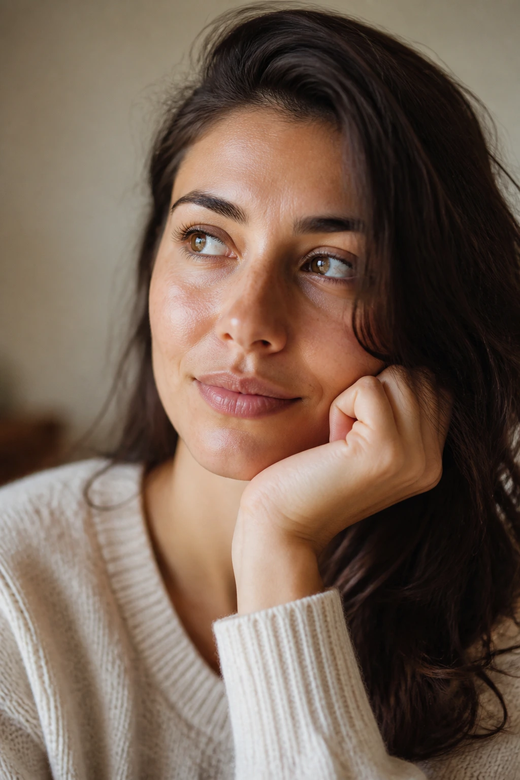 Close-up portrait of a real person with a thoughtful expression in a warm home setting.