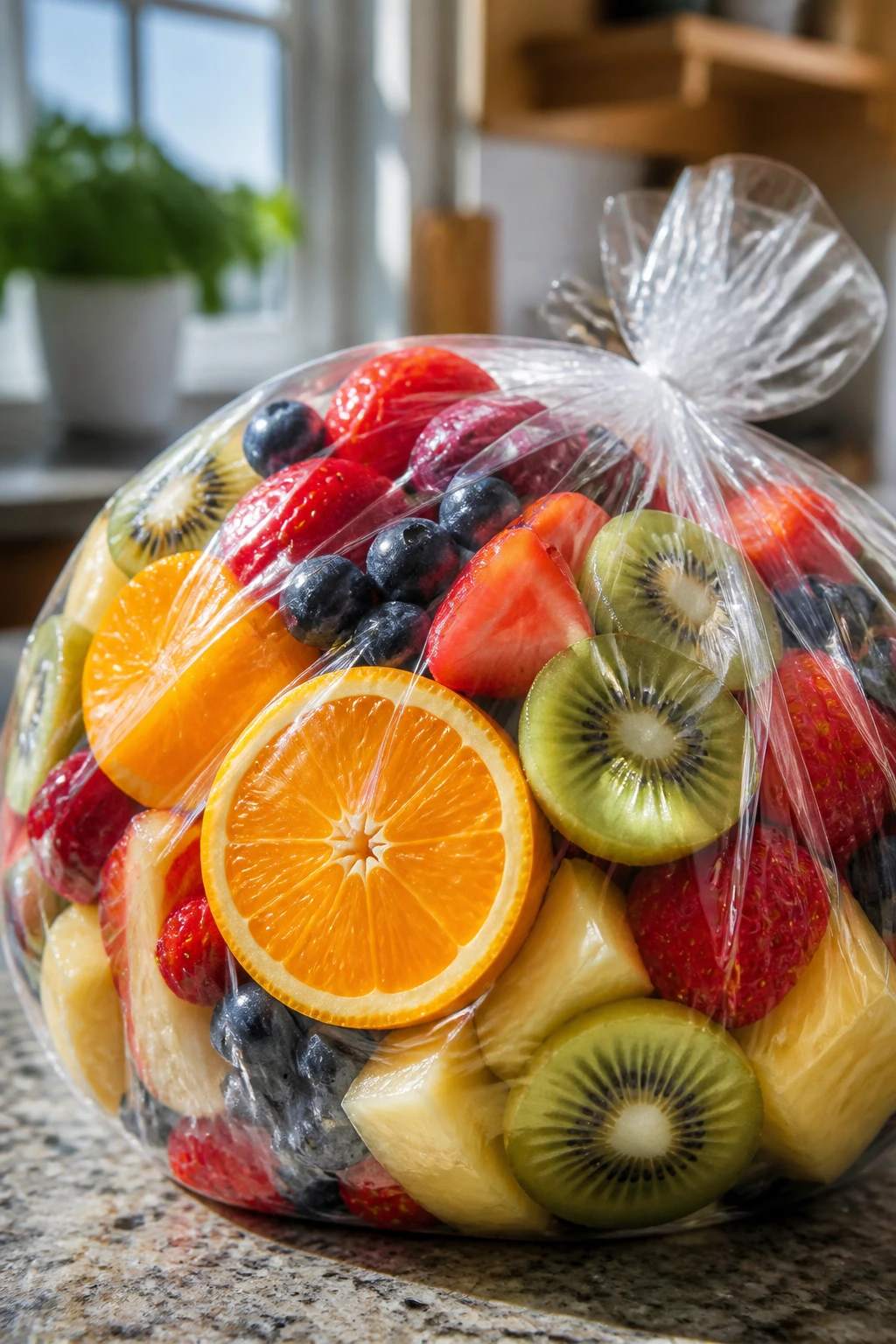 Fruit For Breakfast: Is It Good To Eat Fruit In The Morning? 7 Close-up of a wrapped fruit bundle on a kitchen counter with colorful fruit slices visible through clear wrap