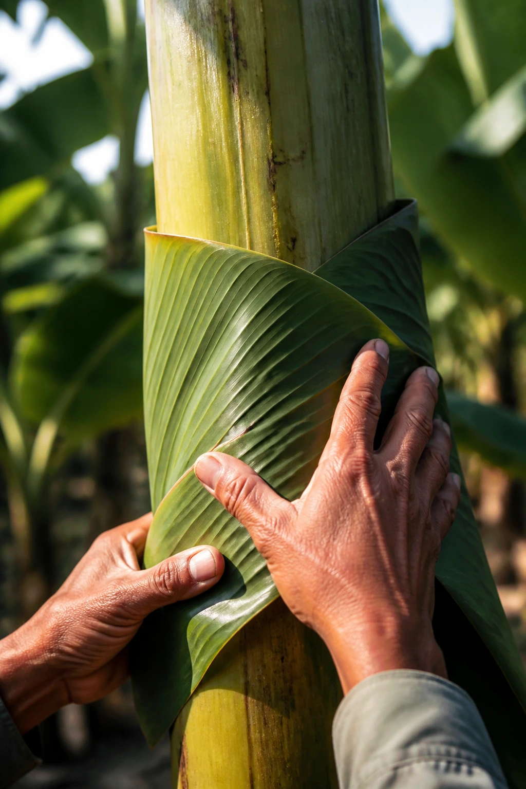 What Is the World's Largest Banana Tree? 4 Close-up of hands wrapping a banana leaf around a stalk in an outdoor banana grove