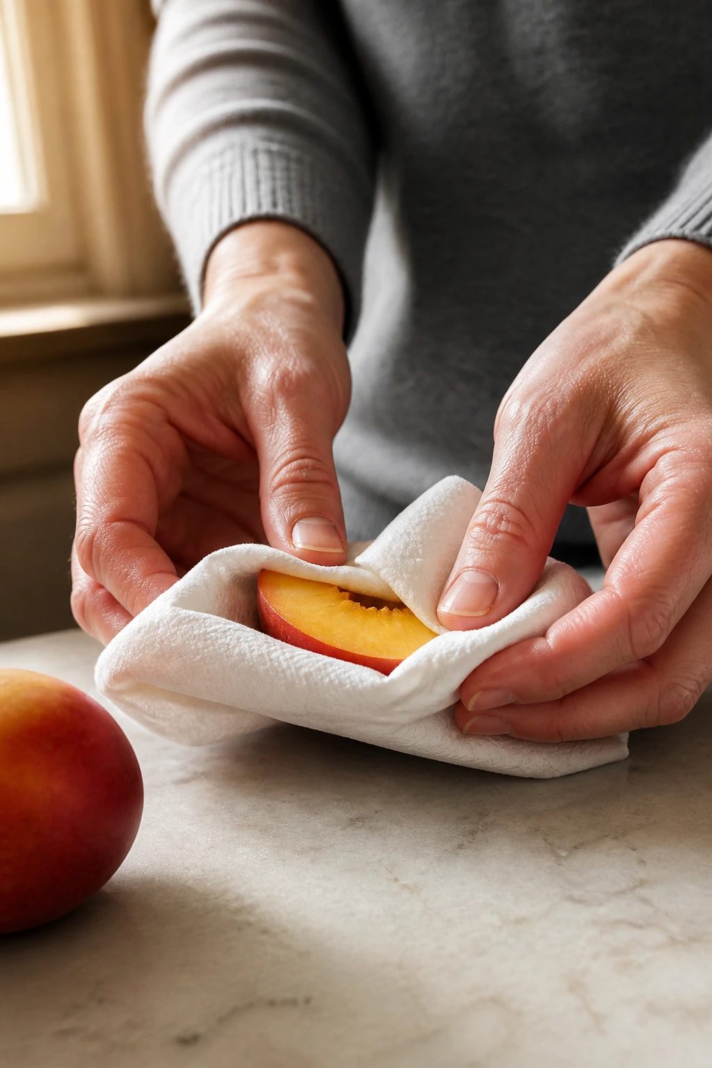 Close-up of hands wrapping a nectarine slice in a napkin on a kitchen counter
