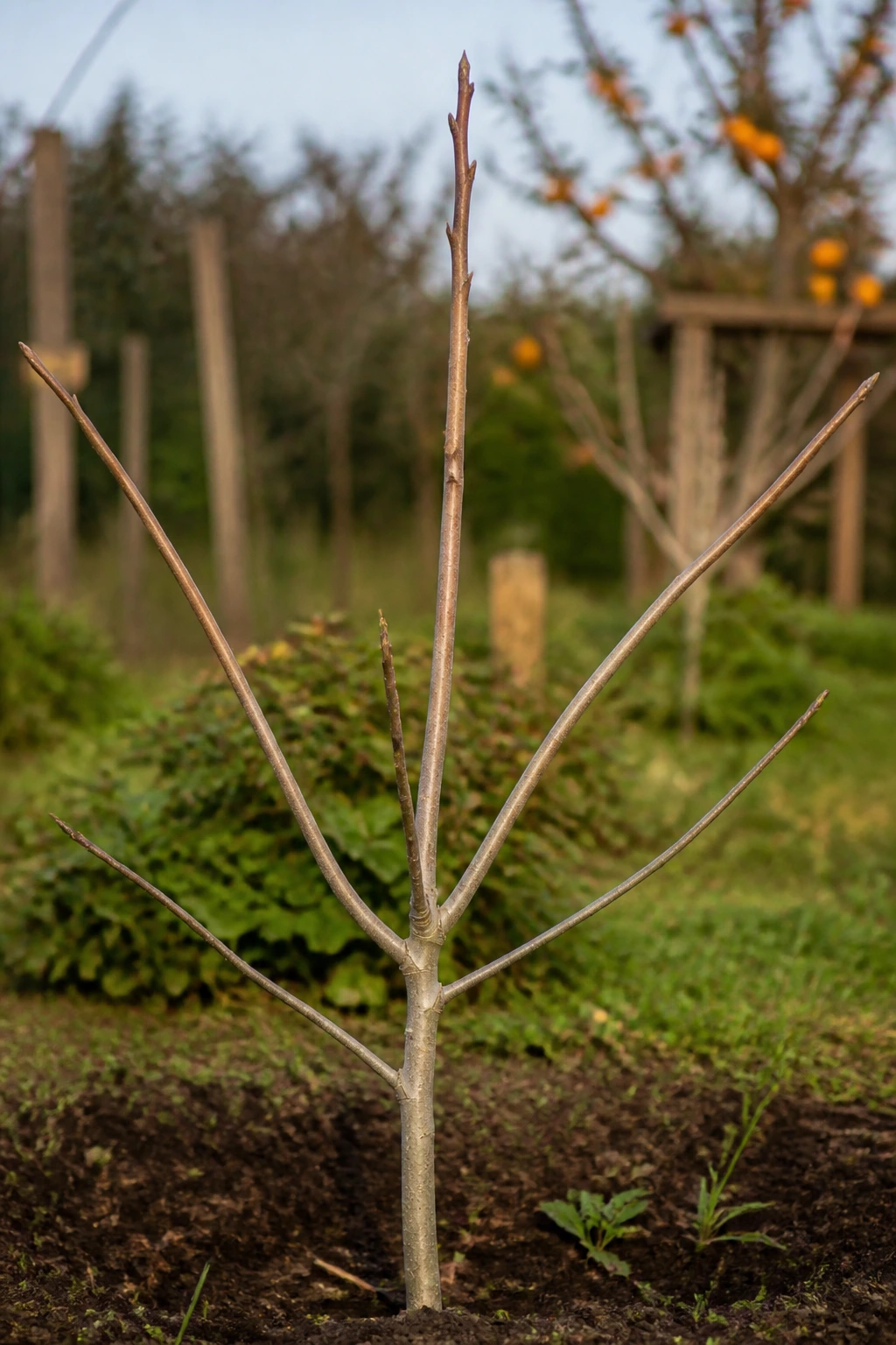Young persimmon tree with three main branches for shaping