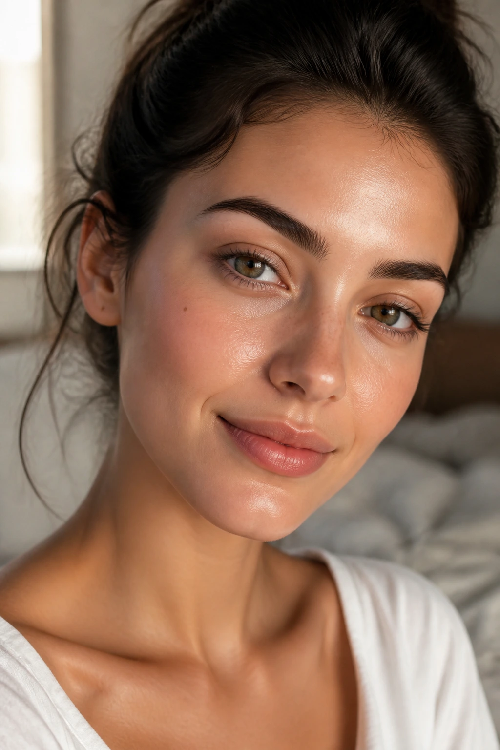 10 Amazing Benefits of Eating Plums for Skin 2 Close-up of a real woman's smooth, radiant skin under soft window light.