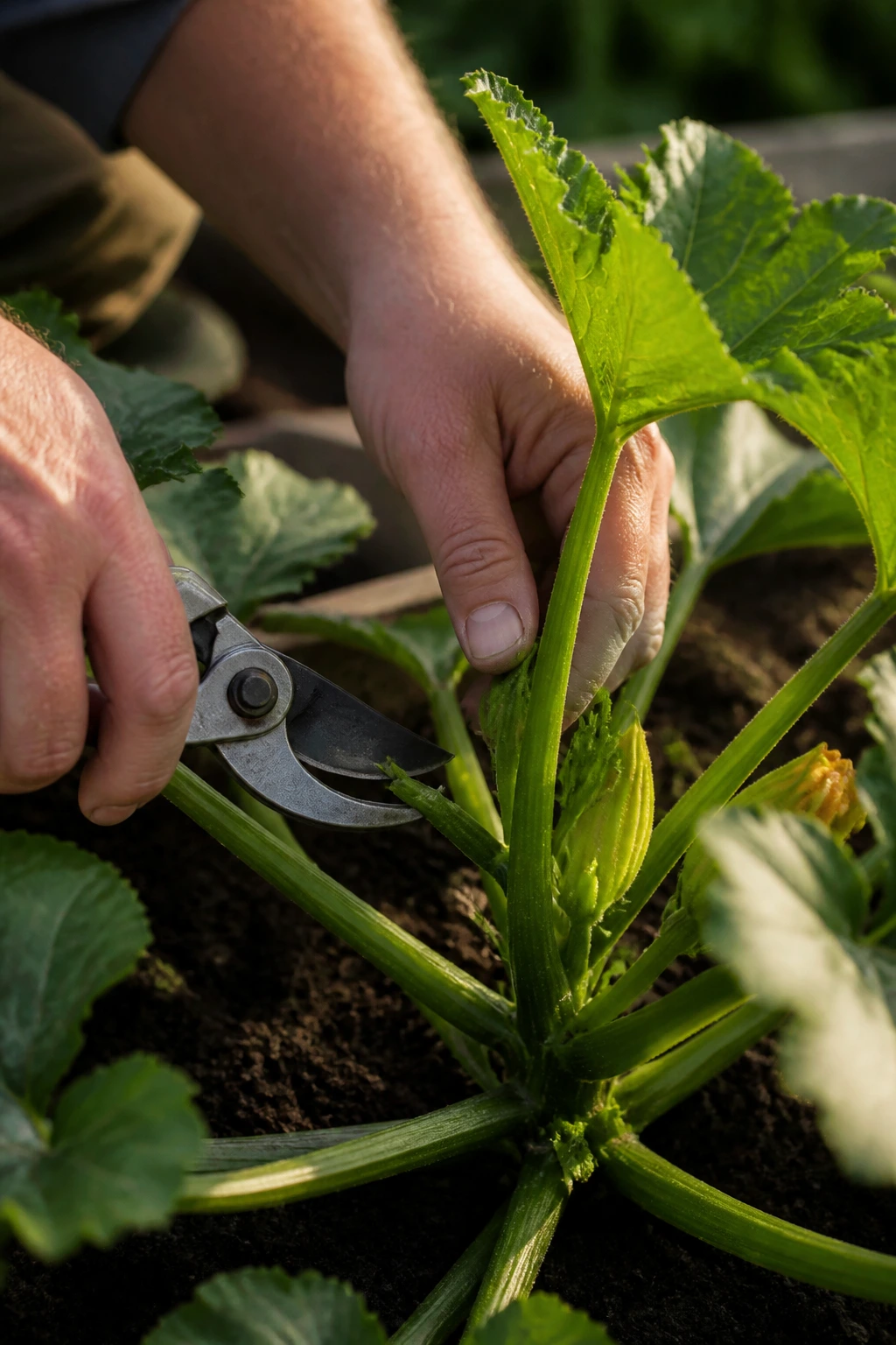 How To Prune Zucchini Plants: A Step-By-Step Guide 3 Hands pruning a zucchini plant with pruning shears in a garden