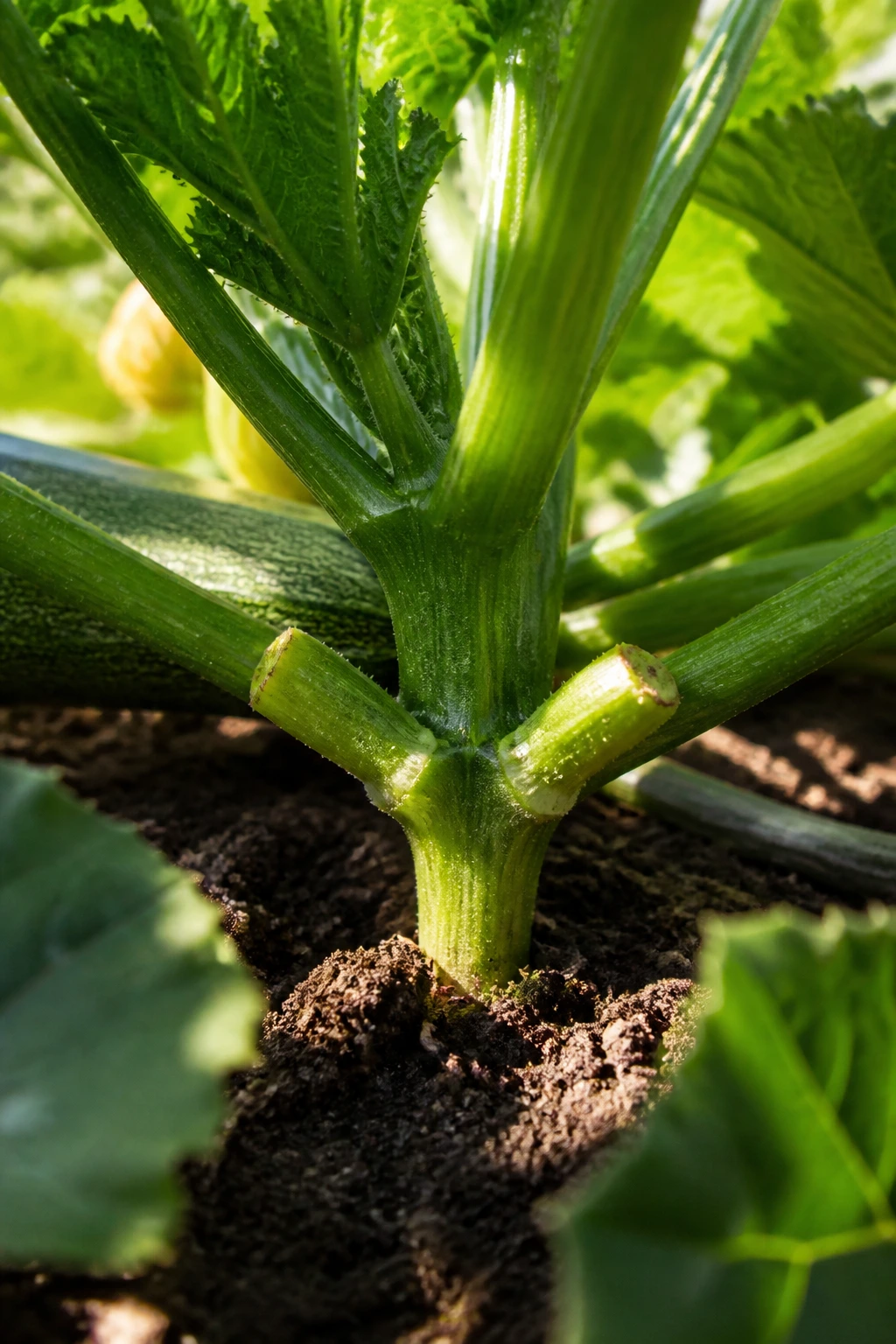 How To Prune Zucchini Plants: A Step-By-Step Guide 2 Close-up of zucchini plant main stem with pruned shoots in a sunlit garden bed