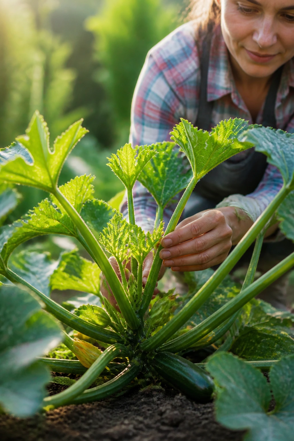 How To Prune Zucchini Plants: A Step-By-Step Guide 4 Gardener inspecting a young zucchini plant in early-season garden