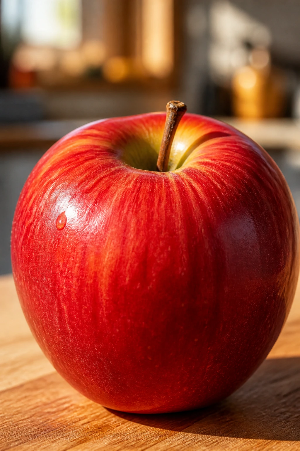 Close-up of a ripe red apple with textured skin against a blurred kitchen background