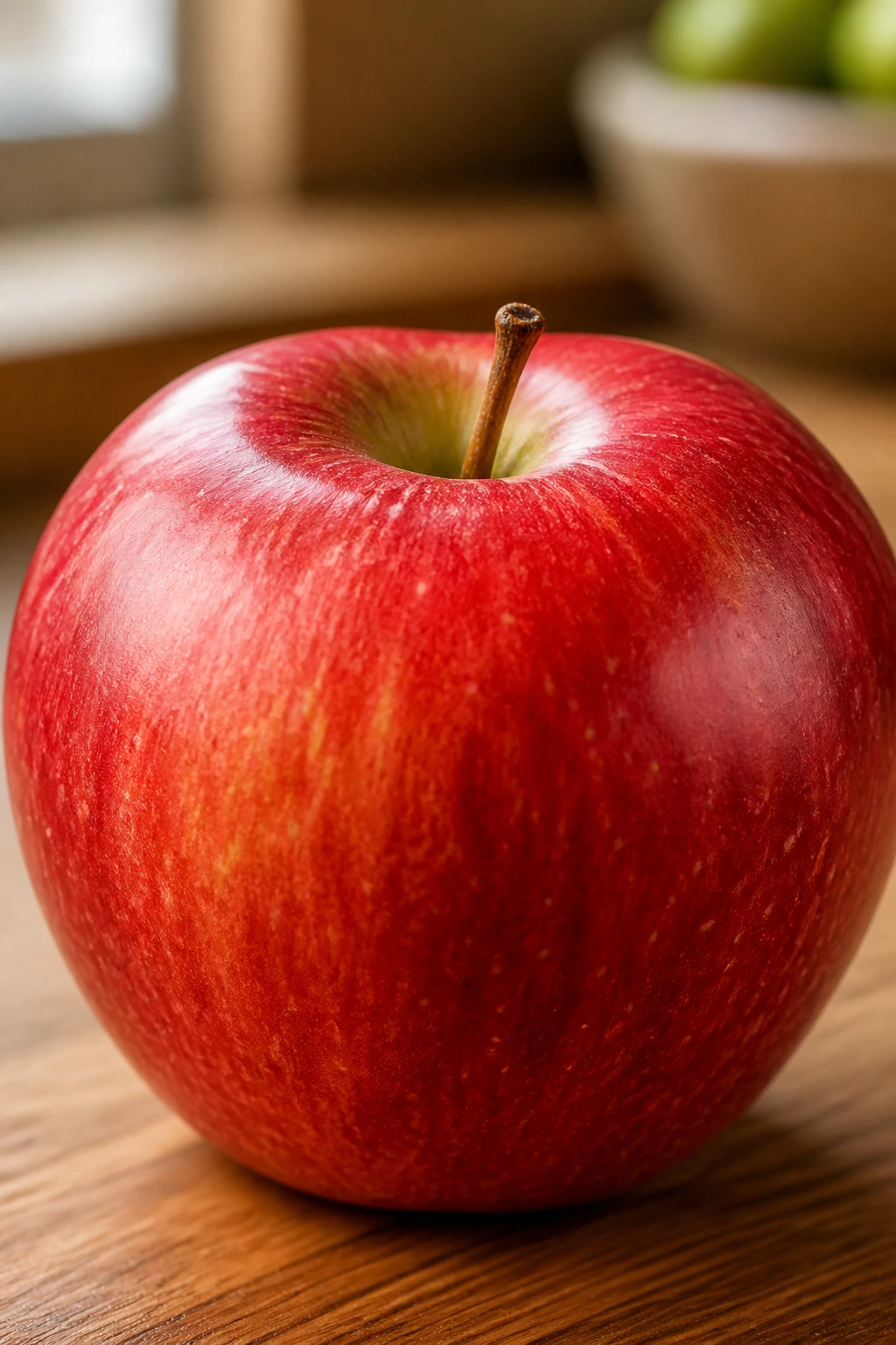 Close-up of a crisp red apple on a wooden kitchen counter with natural light