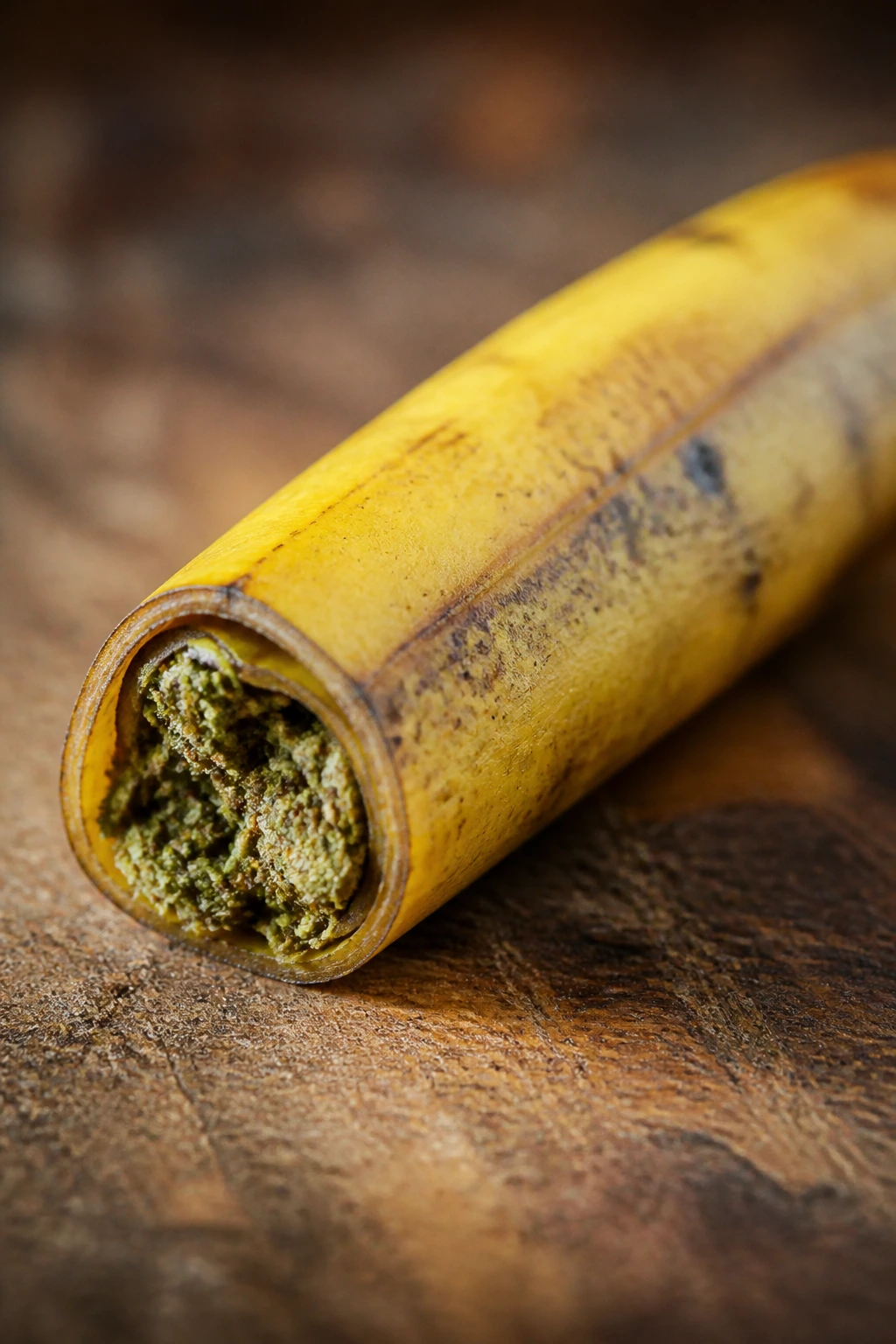 Close-up of a banana blunt wrap made from banana peel on a wooden cutting board