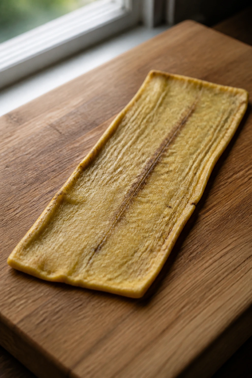 Flattened banana peel fitted into a rectangular wrap on wooden surface