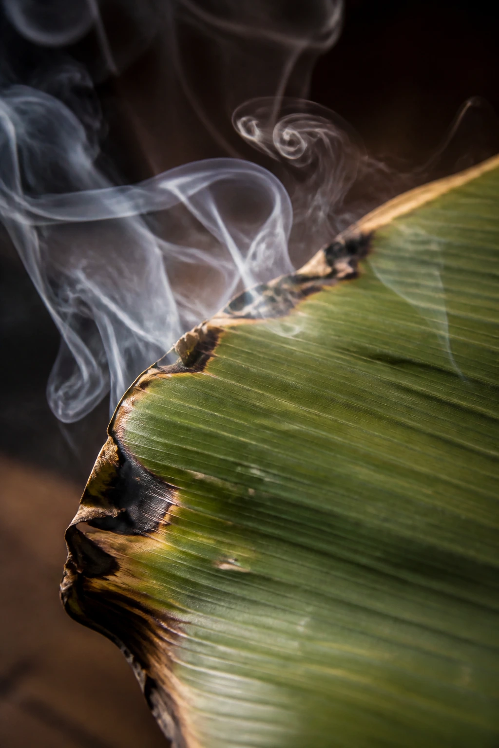 Banana leaf with wisps of smoke curling around edges