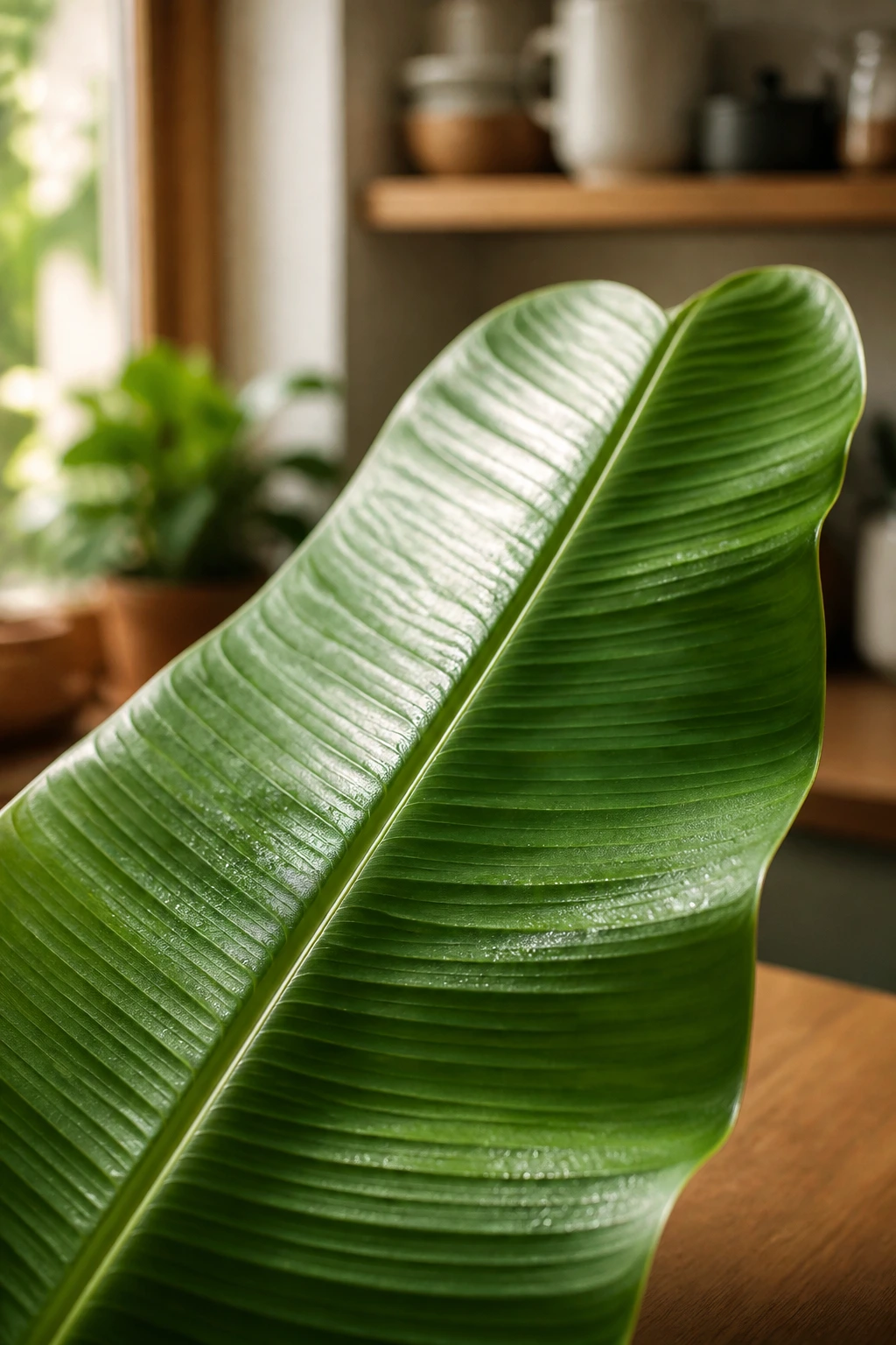 Close-up of a fresh green banana leaf with prominent veins in warm kitchen light