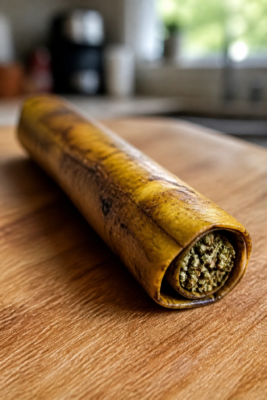 Close-up of a banana blunt wrap made from banana peel on a wooden board