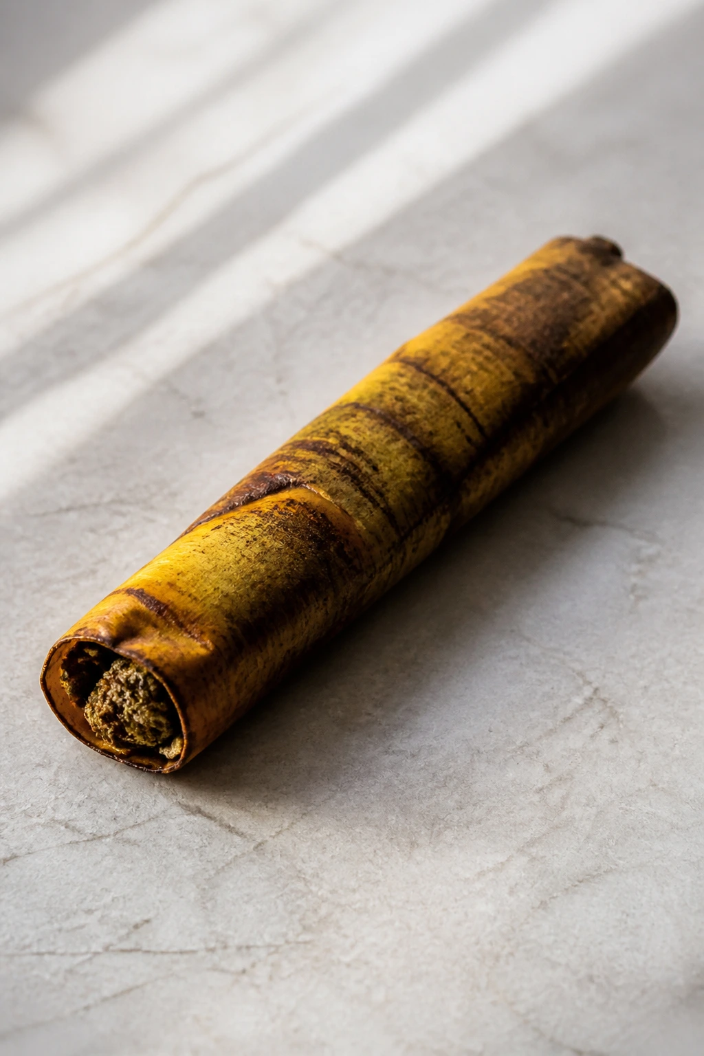 Close-up of a neatly rolled banana blunt wrap on a clean surface