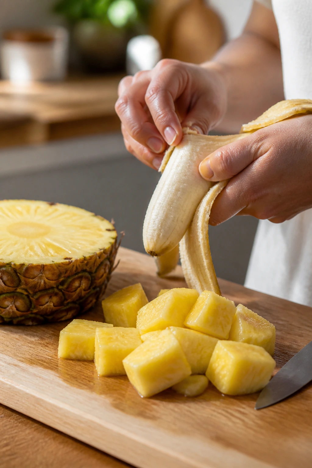 How To Make A Pineapple Surf Smoothie 2 Hands preparing pineapple and banana for smoothie on cutting board in kitchen
