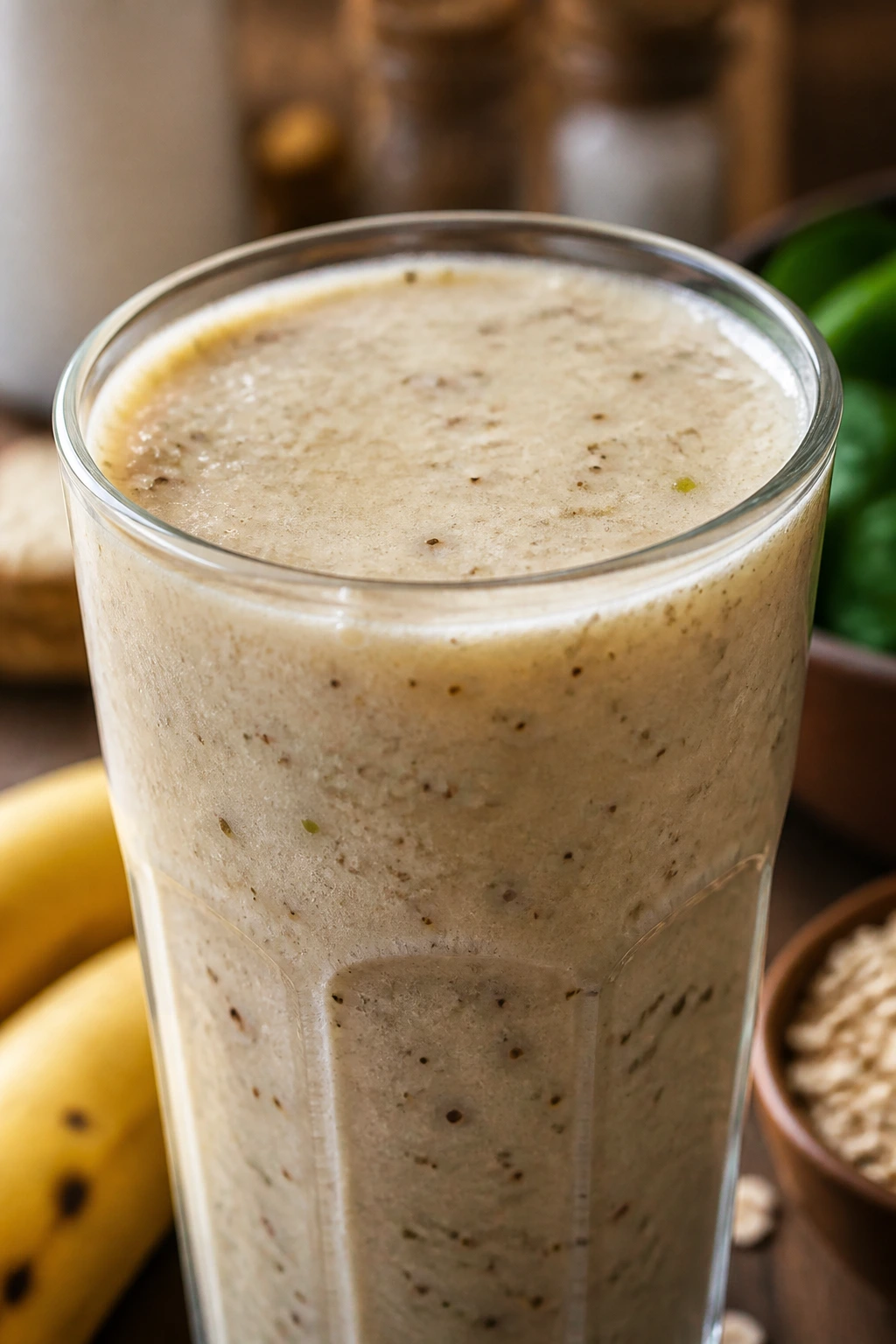 Blend It or Not: Does Blending A Banana Make It Unhealthy? 4 Close-up of blended bananas smoothie with visible specks from added ingredients