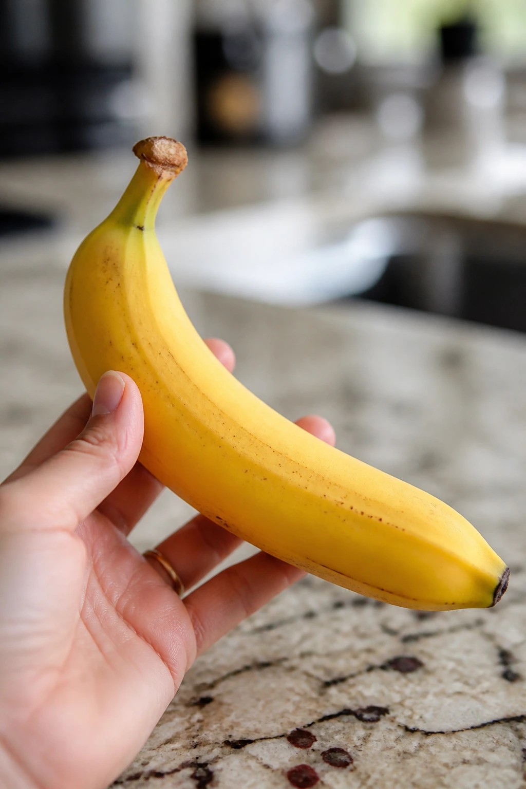 Close-up of a ripe banana held in a hand in a kitchen
