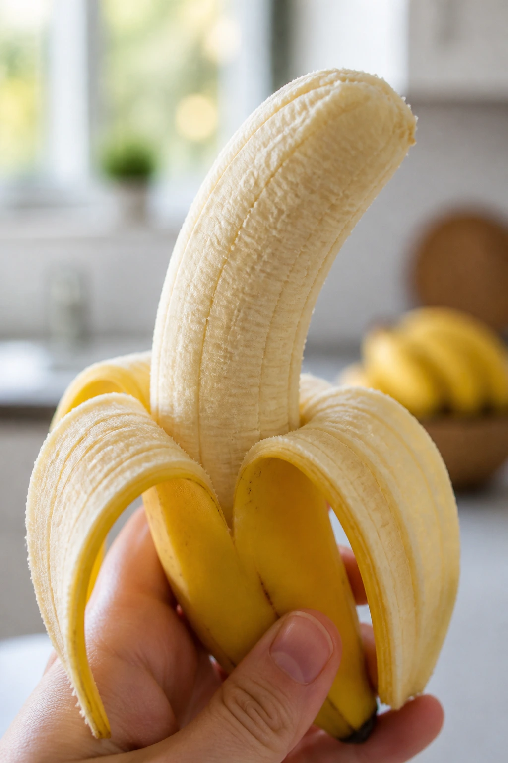 Close-up of a peeled ripe banana filling the frame