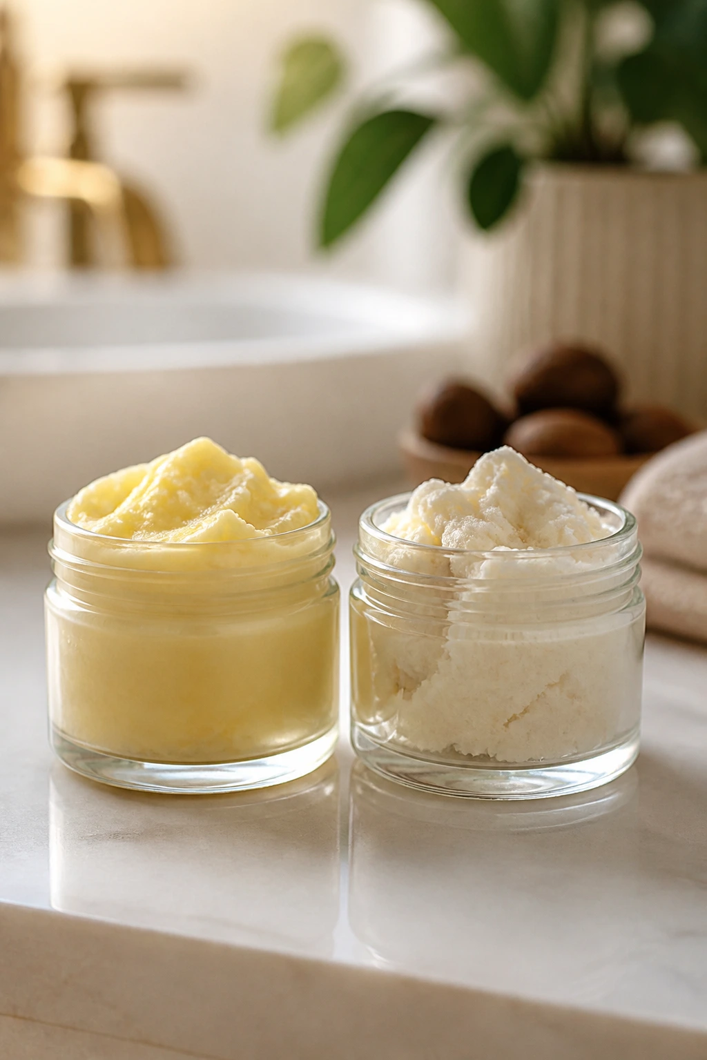 Two small jars representing mango butter and shea butter on a bathroom counter