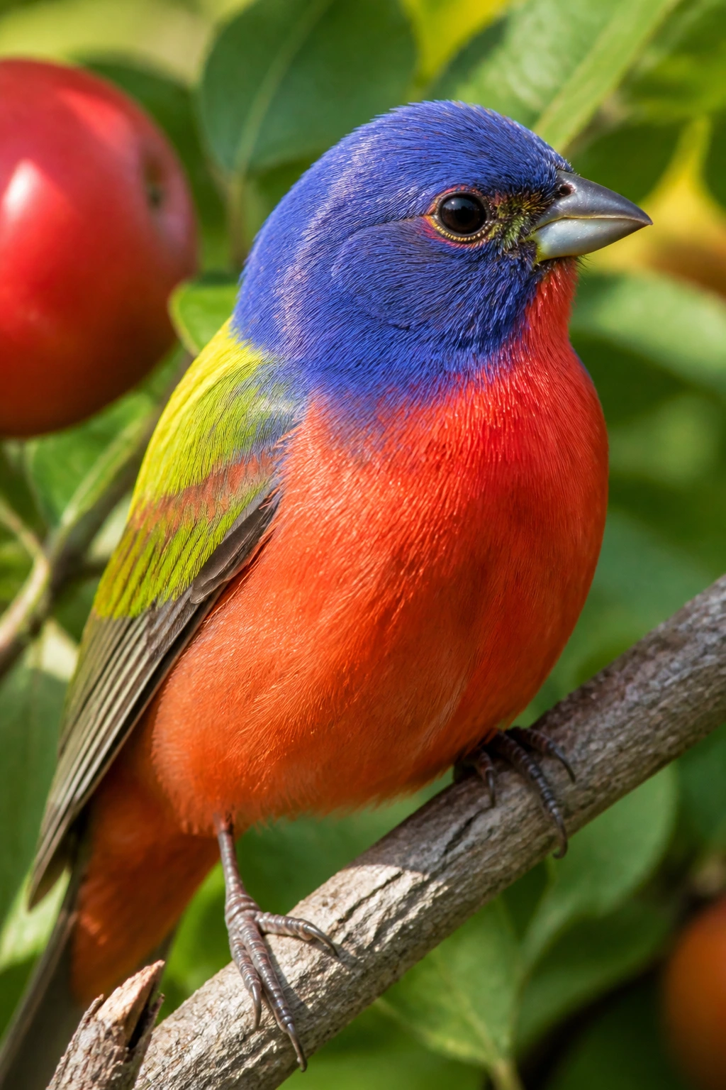 How to Protect Fruit on Trees from Birds 1 Close-up of a colorful songbird on a fruit tree branch, illustrating birds' habits in a garden
