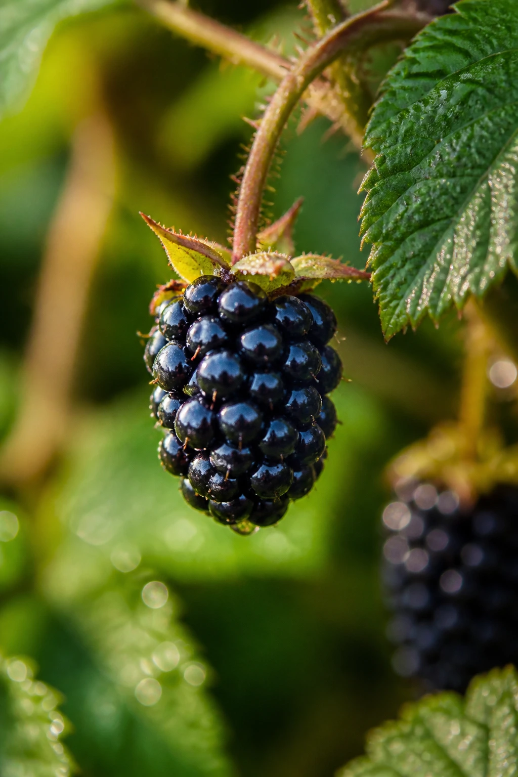 Ripe blackberry on plant ready for harvest in morning light