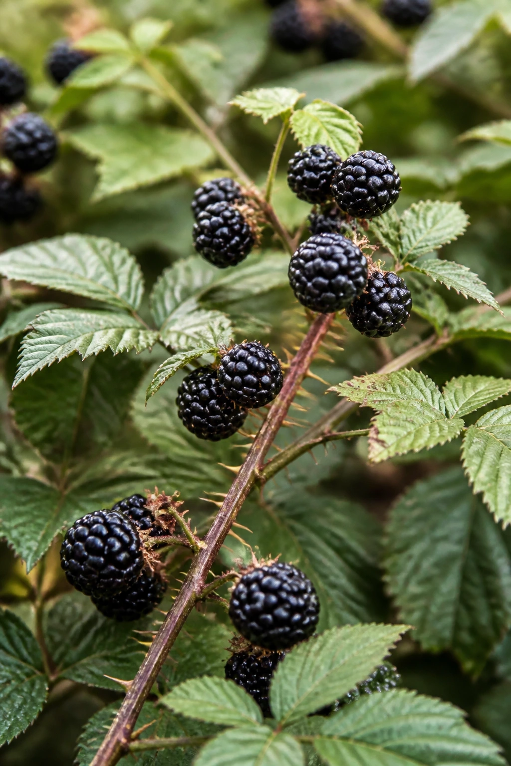 Do Blackberries Grow On Trees Or Shrubs? 2 Close-up of thorny blackberry shrub with ripe berries in a garden