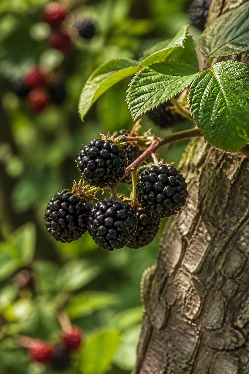 Do Blackberries Grow On Trees Or Shrubs? 1 Close-up of blackberries on a tree branch in a garden