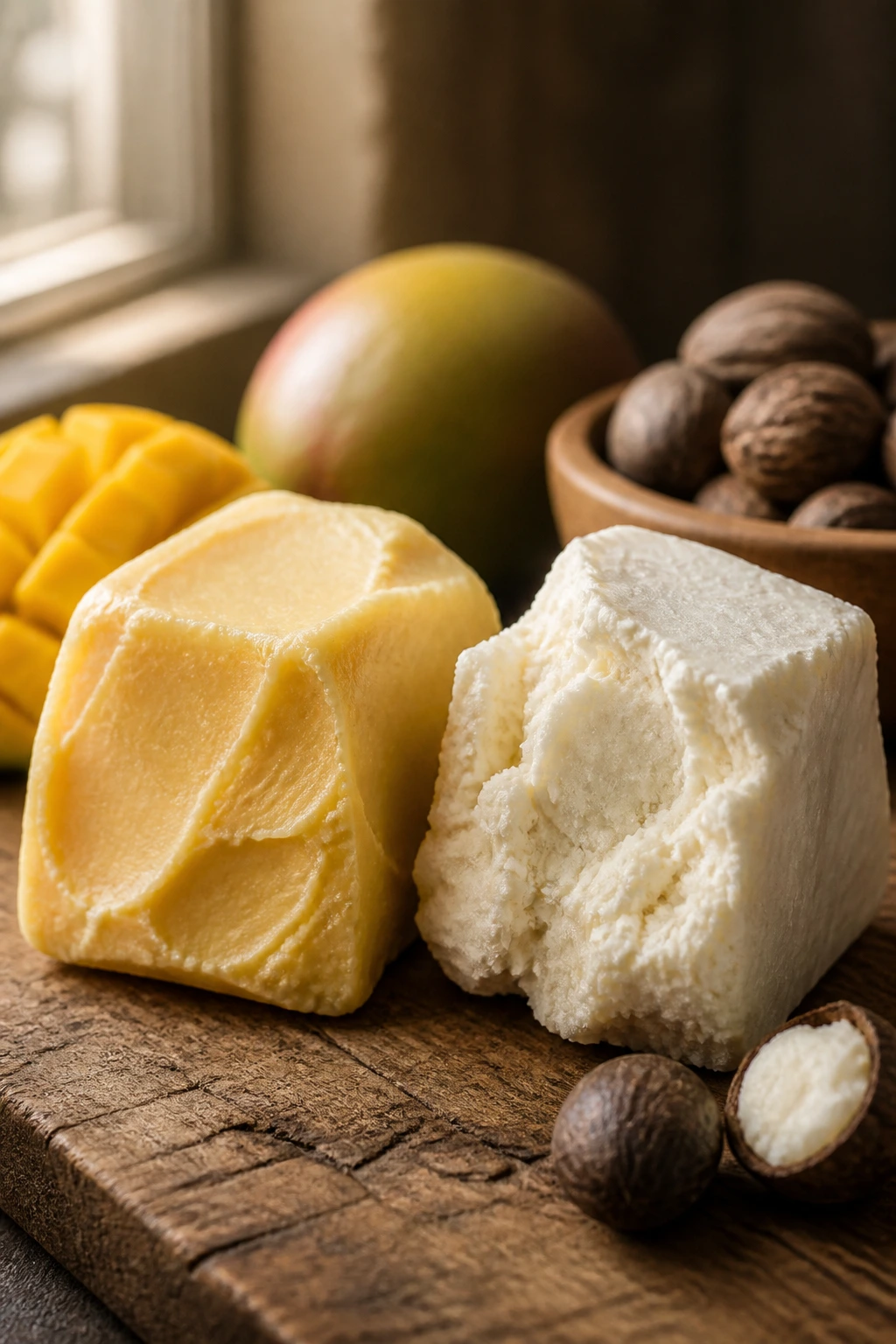Close-up of mango butter and shea butter blocks side by side on a wooden surface