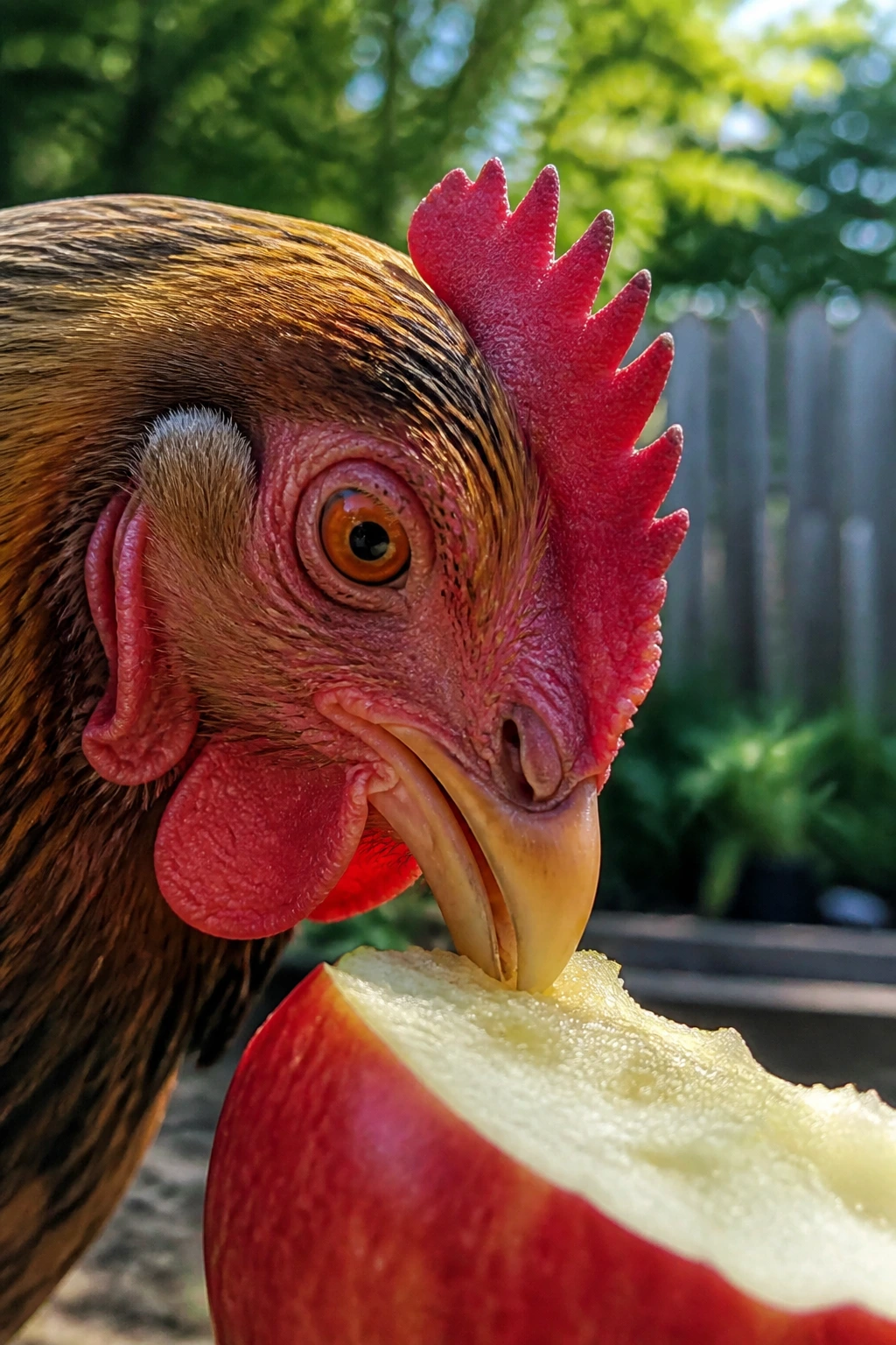 Close-up of a chicken pecking a red apple slice in a sunlit backyard