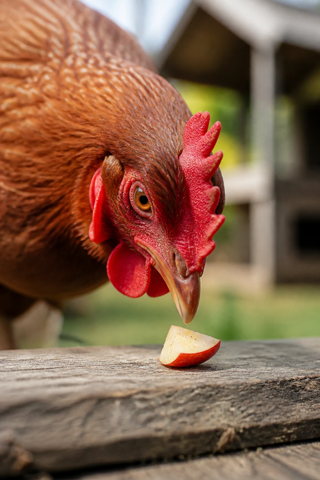Chicken eyeing a small fruit piece on wooden surface in a yard