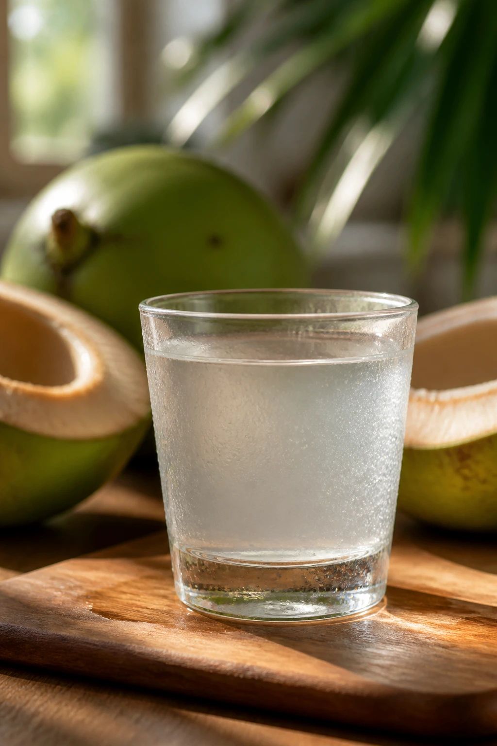 Is Coconut Water Good for Gastritis? All You Need to Know 2 Glass of coconut water with blurred coconut halves in the background